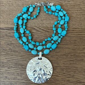 Turquoise Beaded Multi-Strand Necklace with Hammered Silver Pendant